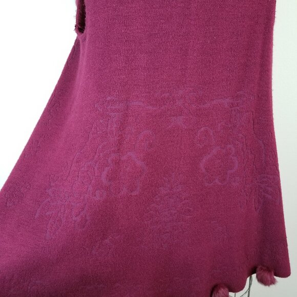 Vintage Wine Burgundy Knit Long Vest with Dramatic Collar & Rabbit Fur Pom Poms - Picture 5 of 11